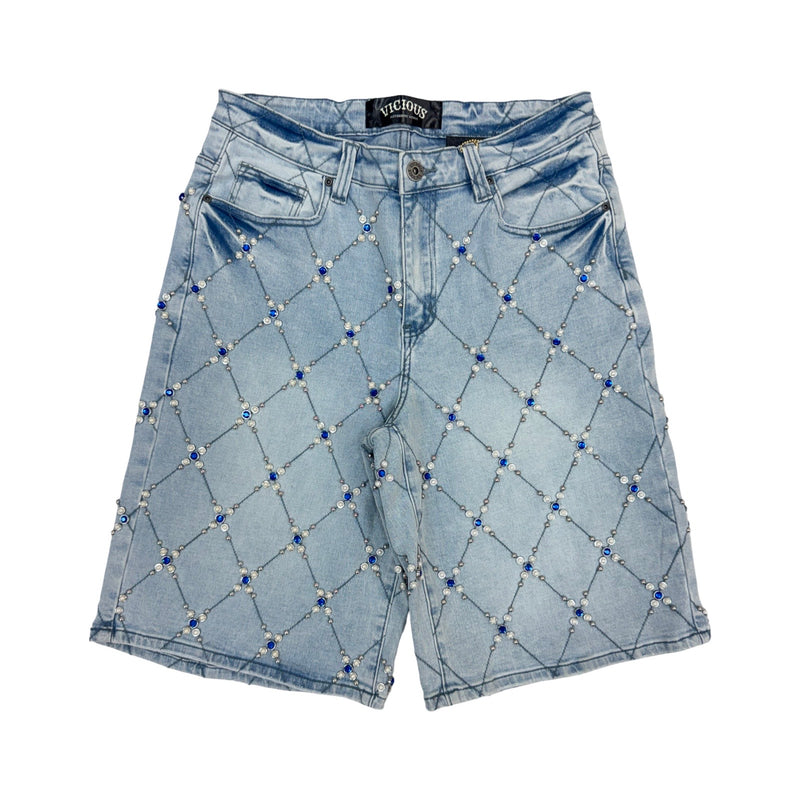 Vicious “Pearl Diamond” Stone Indigo Blue Shorts