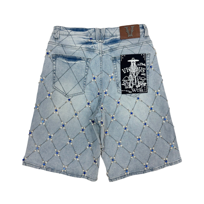 Vicious “Pearl Diamond” Stone Indigo Blue Shorts