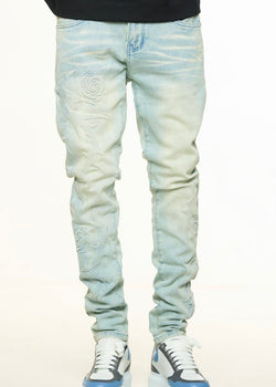 Pheelings “Love Is Pain” Blue Embossed Skinny Jeans