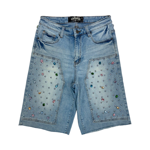Vicious “Pearl” Stones Indigo Blue Shorts