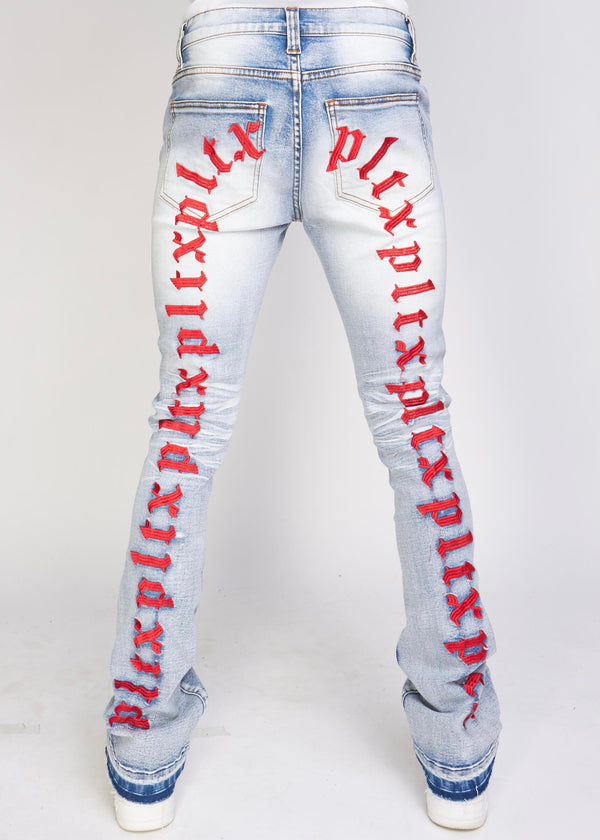 PLTKS Embroidered Blue/Red Stacked Jeans