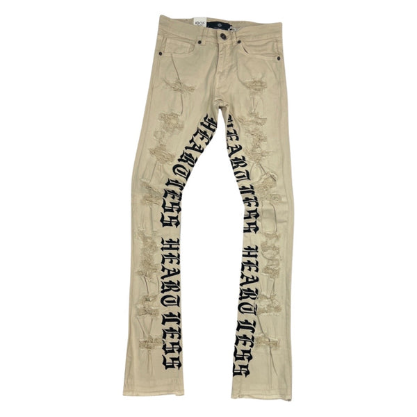 Focus Heartless Lettering Beige Stacked Jeans (3559)