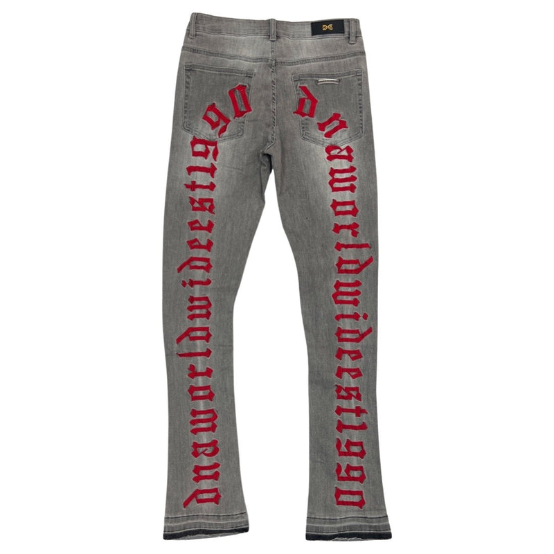DNA Worldwide “Red Script” Flare Stack Jeans
