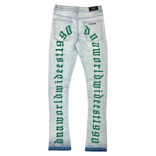 DNA Worldwide “Green Script” Flare Stack Jeans