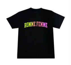 Homme Femme-Script Black Tee (Green/Pink)