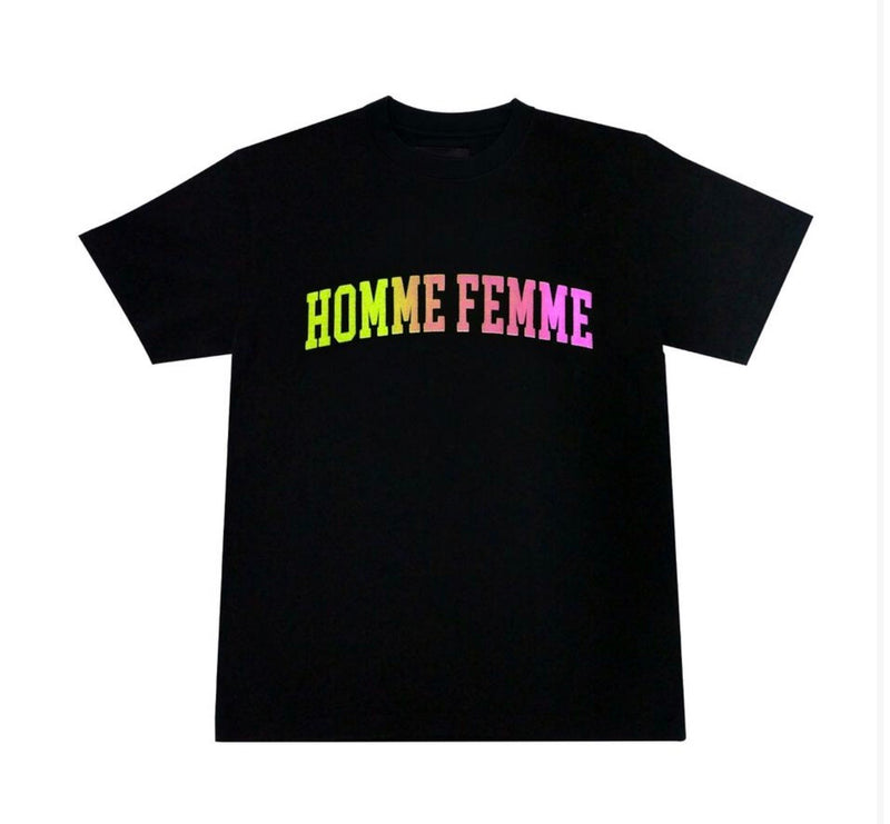 Homme Femme-Script Black Tee (Green/Pink)