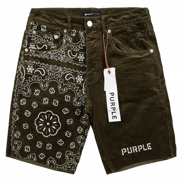 Purple Brand Corduroy Bandana Print Olive Shorts