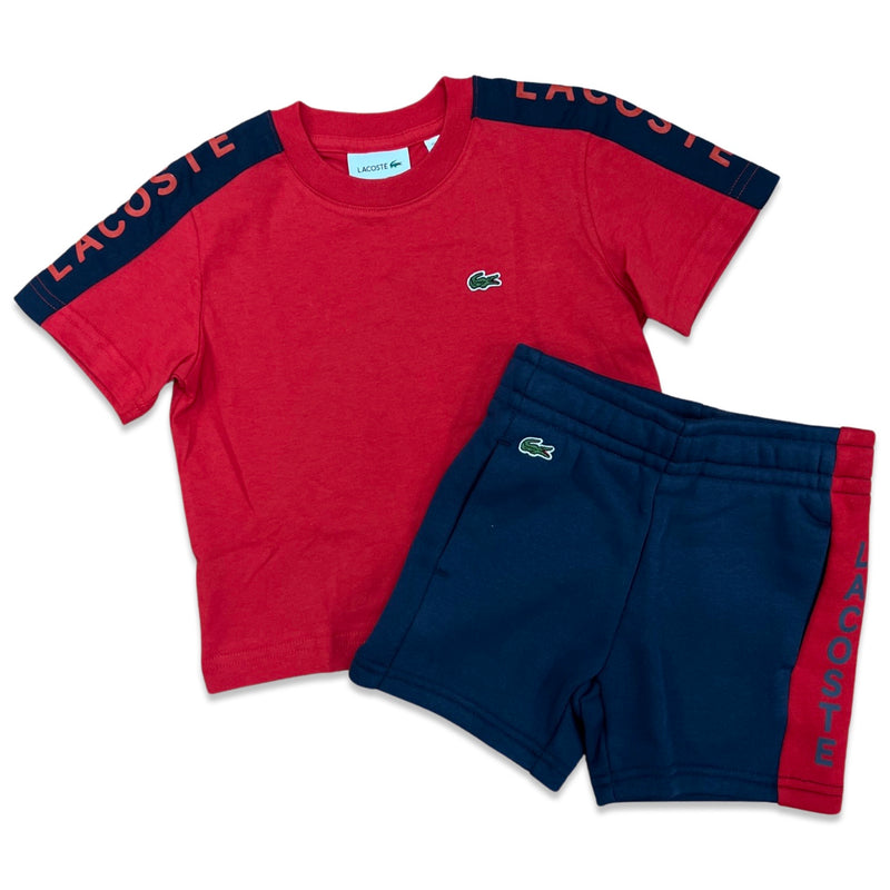 Lacoste Kids Stripe Logo Short Set In Navy/Red